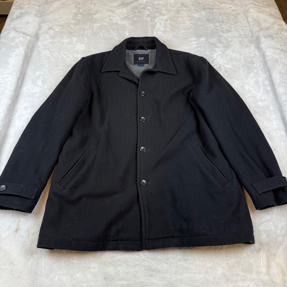 GAP Mens Black‎ Wool Blend Sherpa Lined Car Coat Jacket Large RN54023